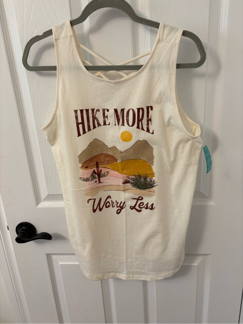 NWT Maurices Cream Graphic Crisscross Tank - Hike More Worry Less